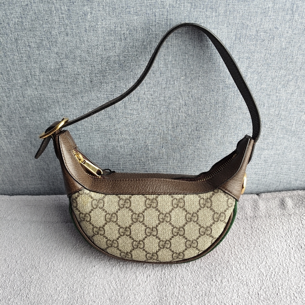 Gucci Brown GG Canvas Shoulder Bag with Green Edge and Gold Hardware